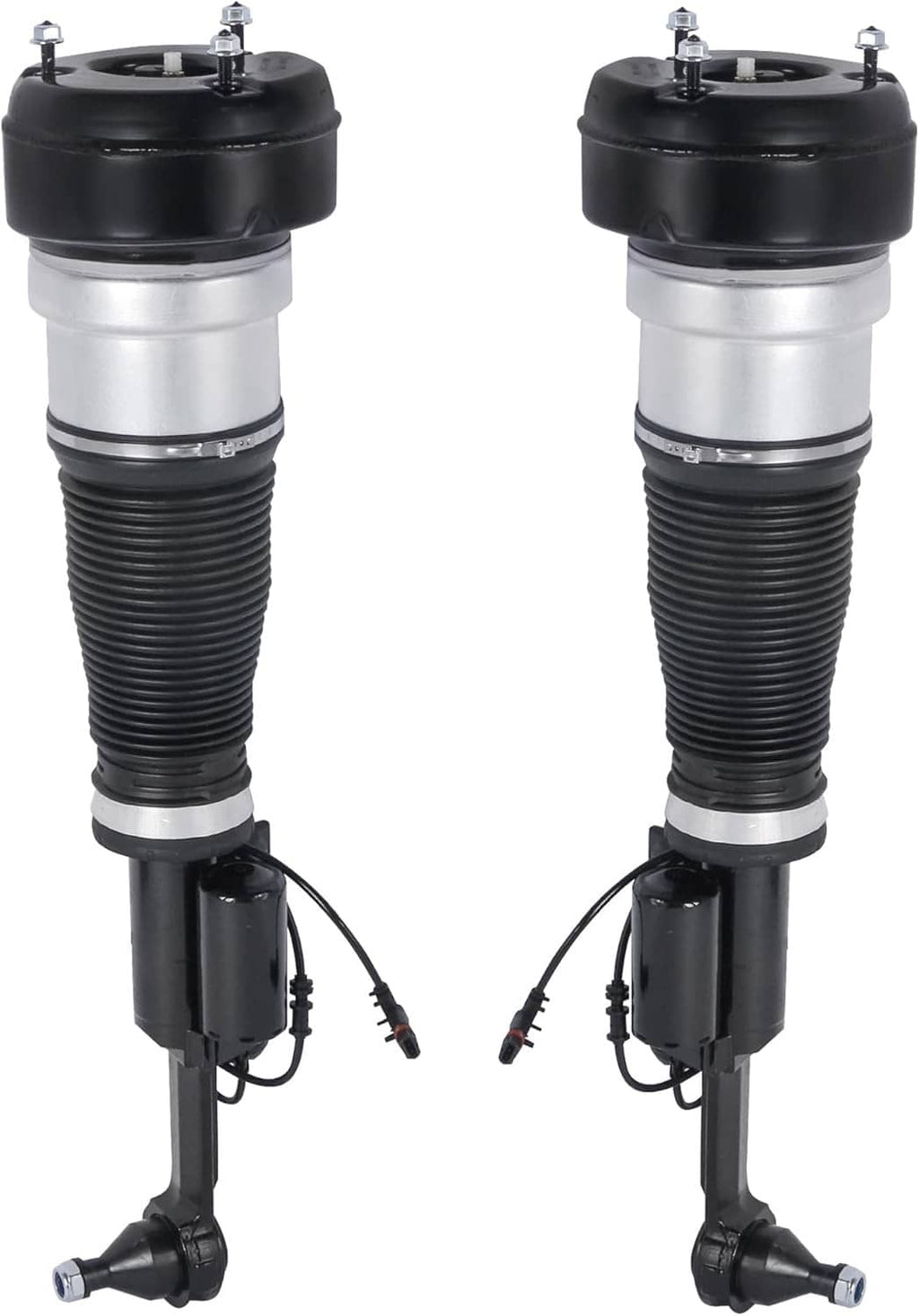 Two front air suspension struts with black mounts, silver cylinders, and cable leads