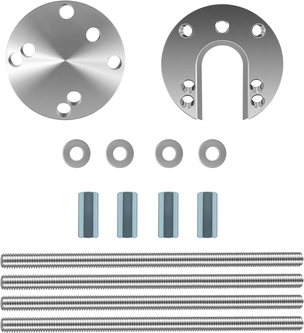 Boat prop puller tool parts set: plates, bushings, and threaded rods