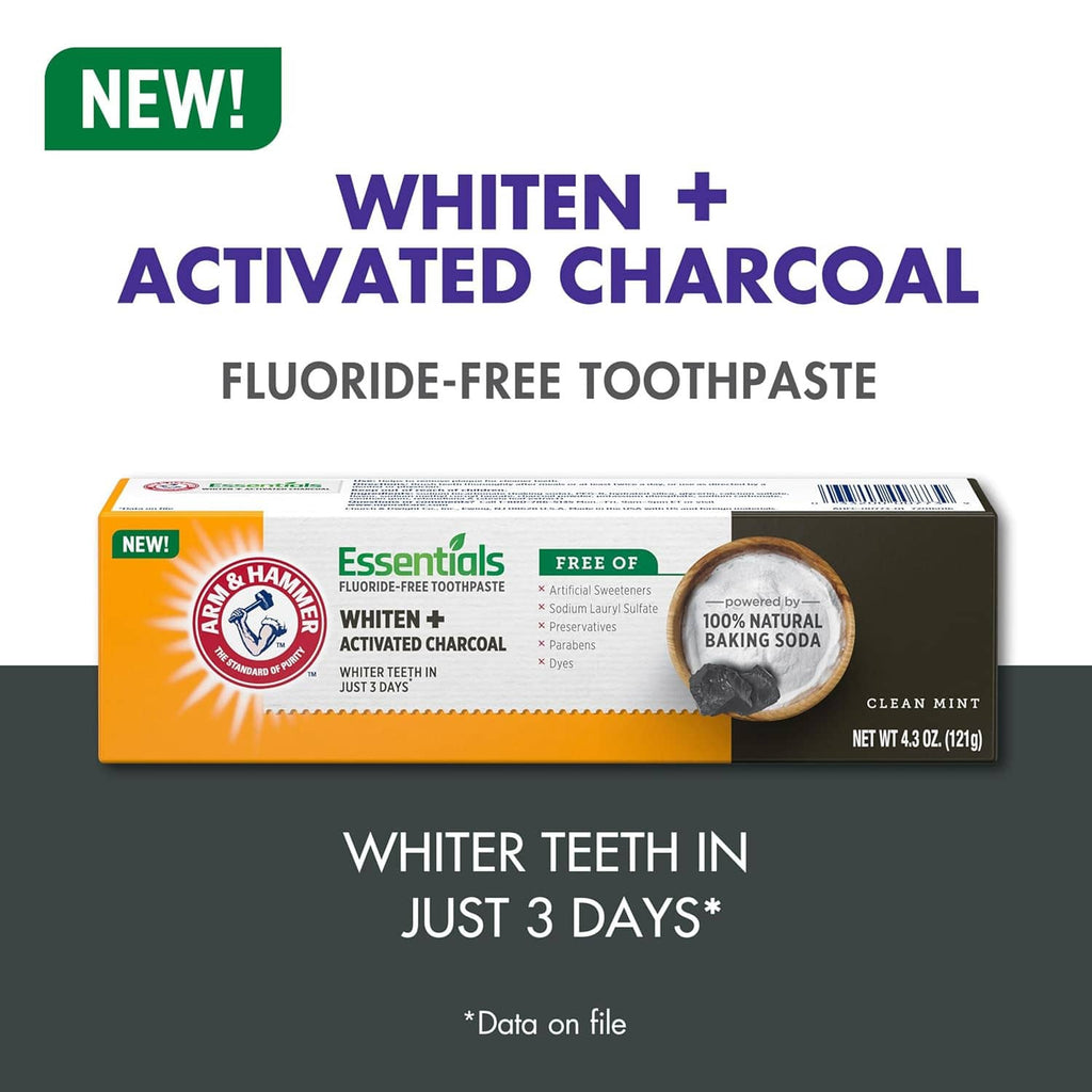 ARM & HAMMER Essentials fluoride-free whitening + activated charcoal toothpaste box, clean mint
