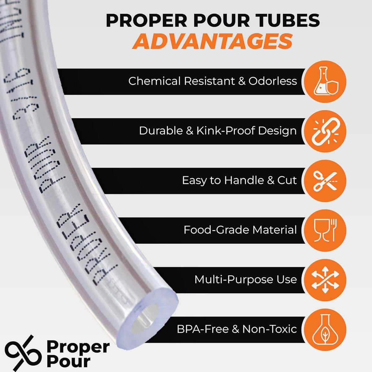 Clear flexible vinyl tubing segment shown diagonally, open cut end visible