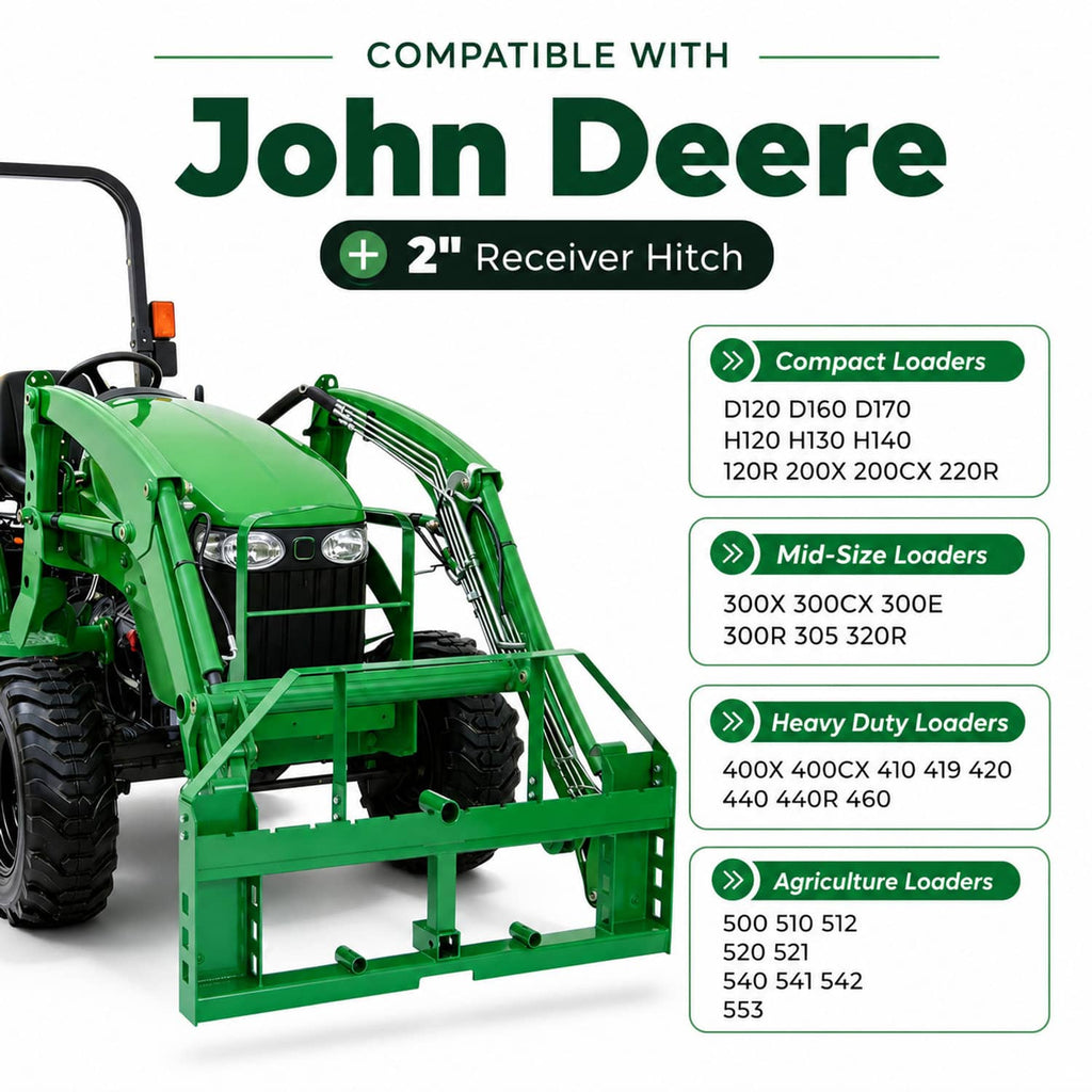 Green forklift-style pallet fork frame for 2-inch receiver hitch loader