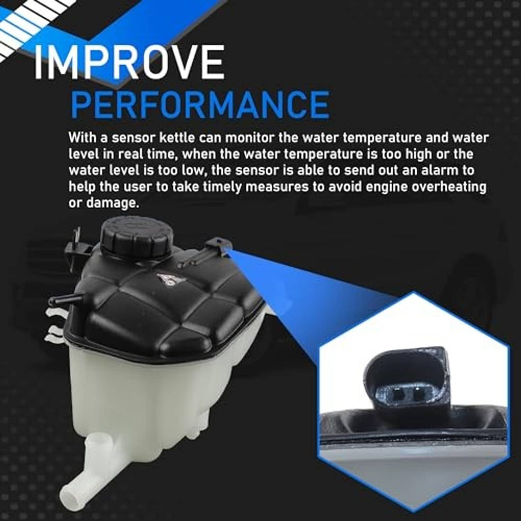 Engine coolant overflow reservoir tank with sensor and black cap, side view