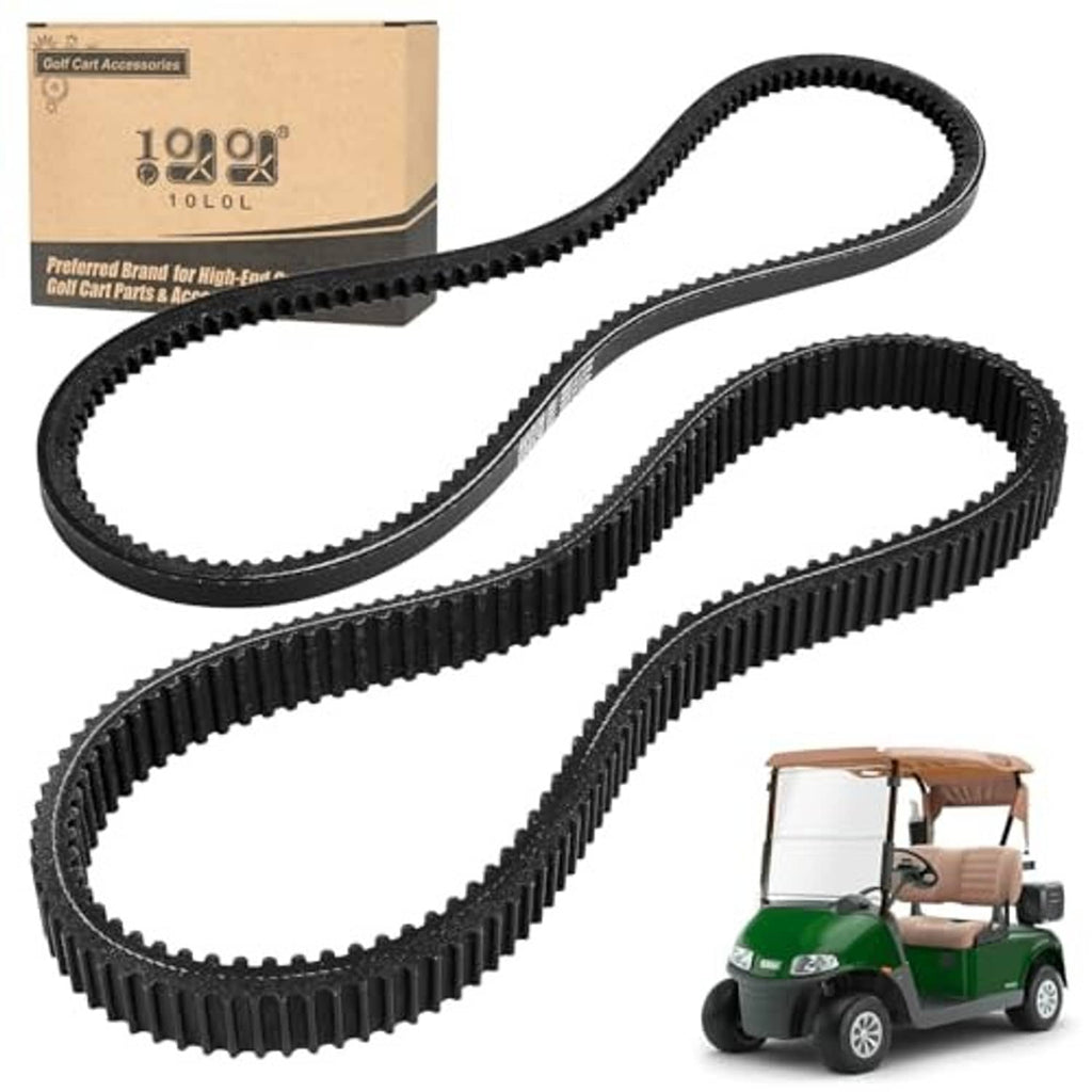 Two black ribbed belts with toothed edges for golf cart drive and starter systems