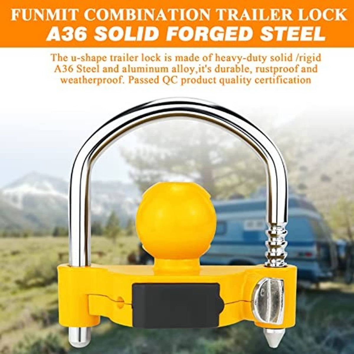 Yellow combination trailer hitch lock with chrome U-shackle, black body, and dial panel