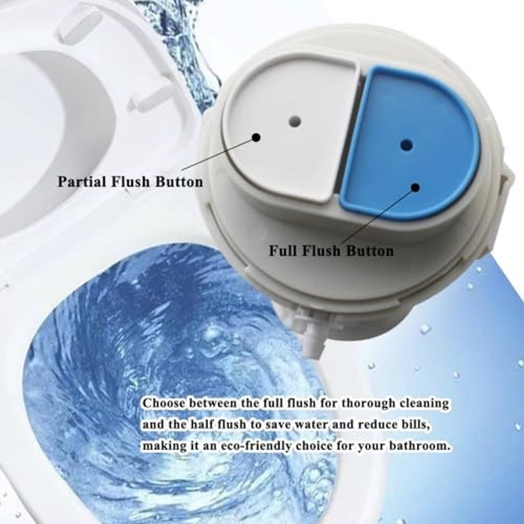 Toilet dual flush button insert on valve module, showing partial and full flush areas