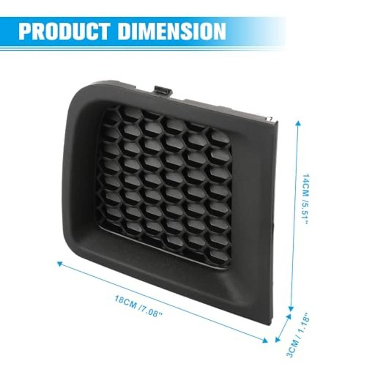 Black front lower grille bezel insert with hex honeycomb mesh, shown with measurements