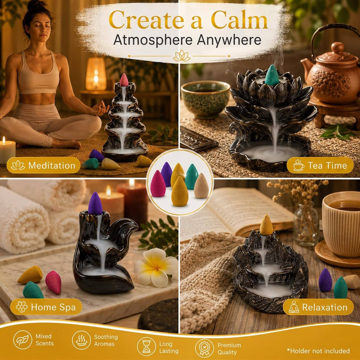 Backflow incense cone set with black multi-tier burner and scattered colorful cones