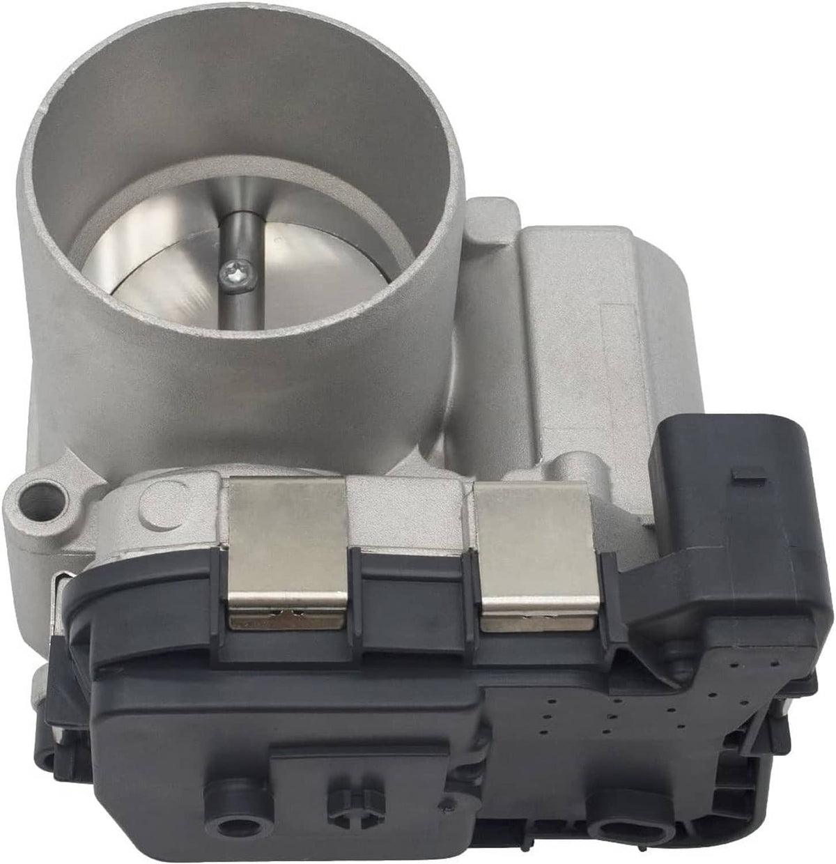 Electronic throttle body with open intake bore and attached sensor housing
