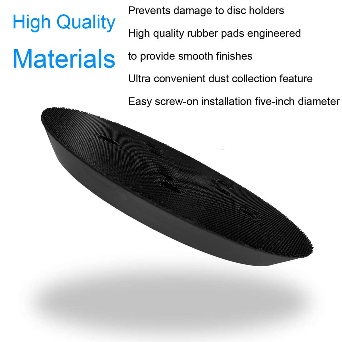 Black round hook-and-loop sanding pad, slim profile with embossed grip texture