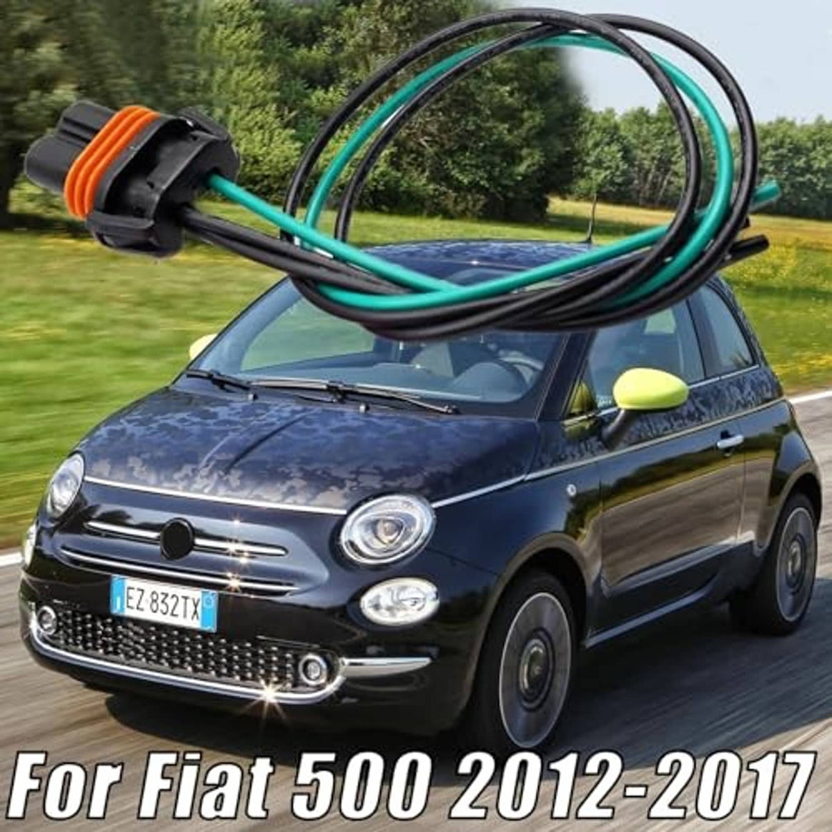 Headlight wiring harness with orange connector cap and bundled green/black insulated wires