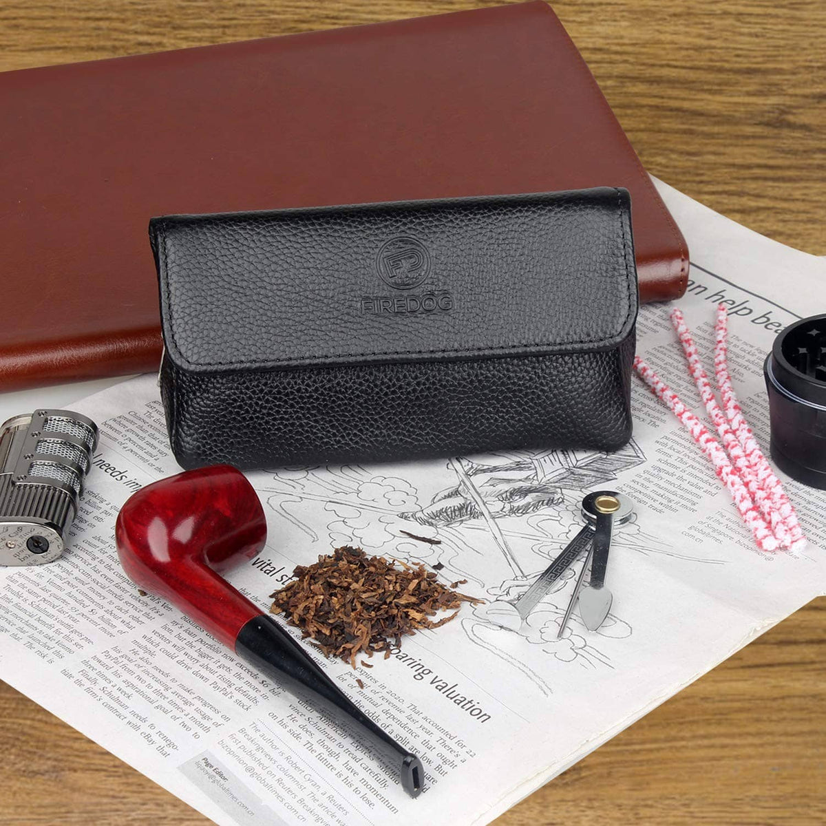 Black pebbled leather smoking pipe pouch with front flap and snap buttons