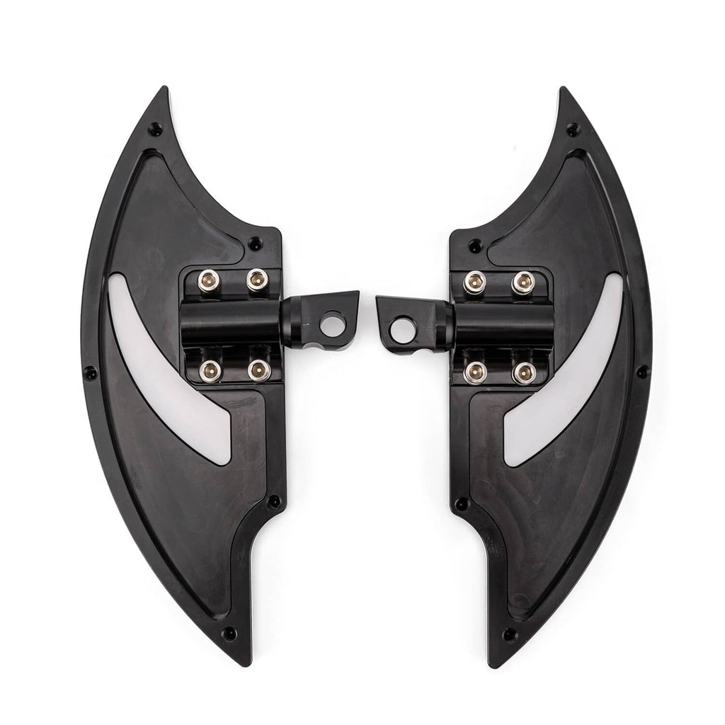 Rear floorboard pegs pedal set, black left and right boards with silver accents