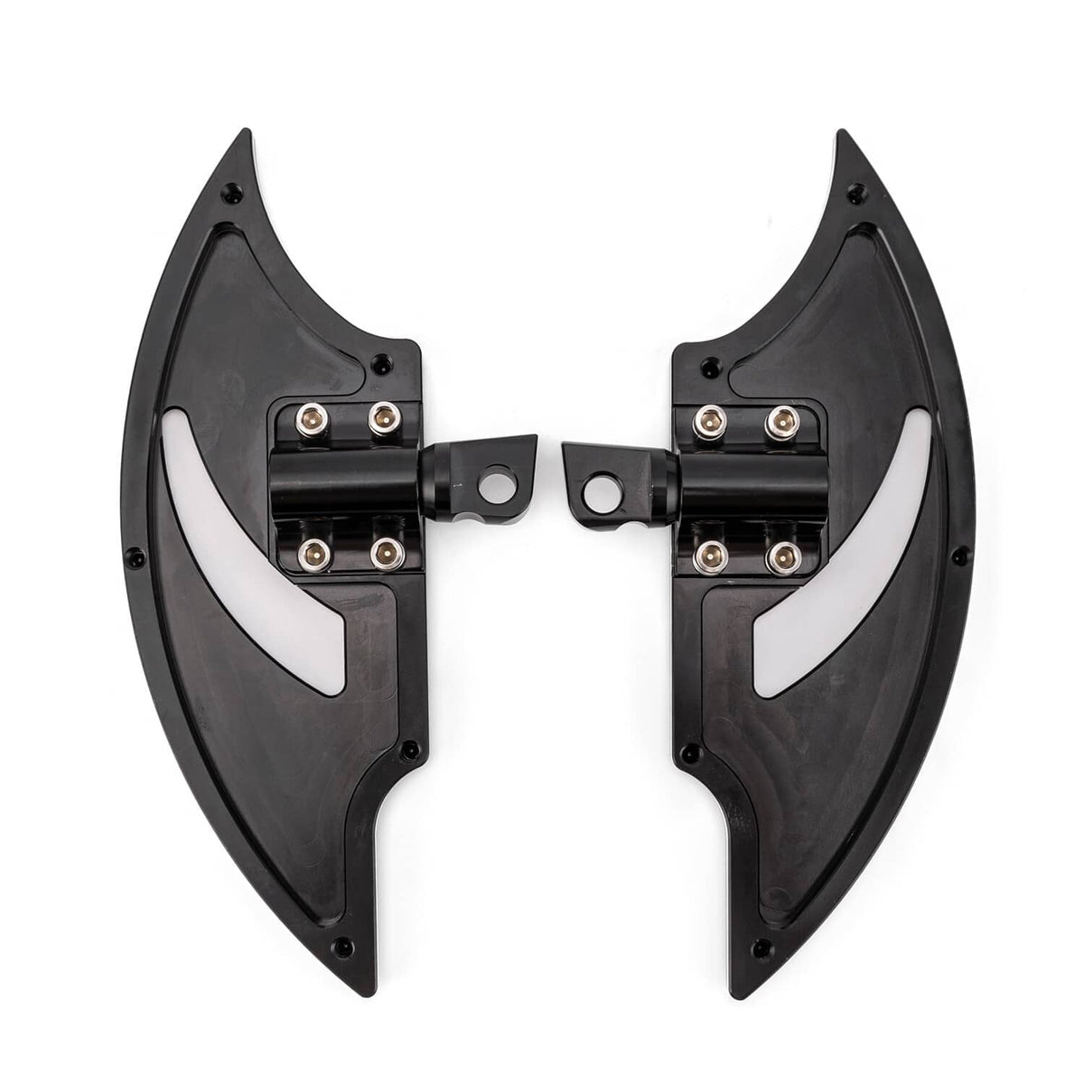 Rear floorboard pegs pedal set, black left and right boards with silver accents