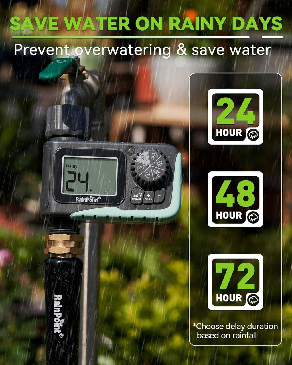 Programmable sprinkler timer with LCD and delay settings, attached to a garden hose