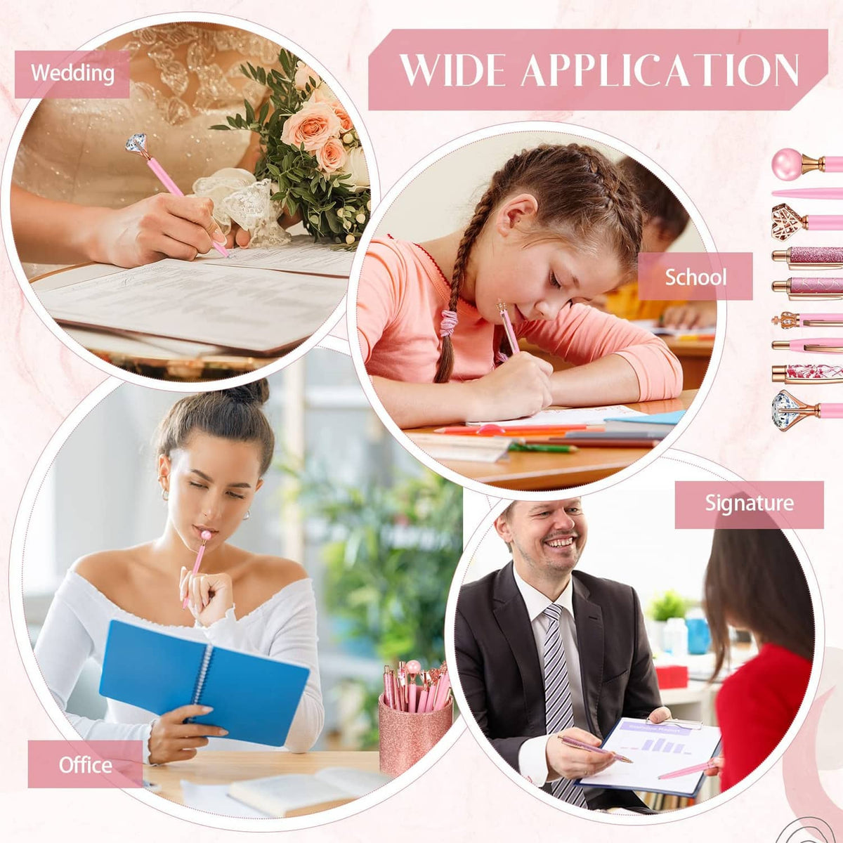 Pink glitter ballpoint pens set for school, office, and signature writing, 9-piece set