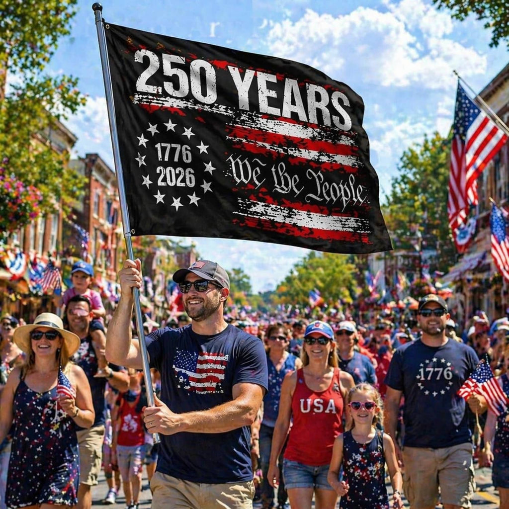 Black 250 years USA flag carried outdoors with stars, red stripes, and “We the People”