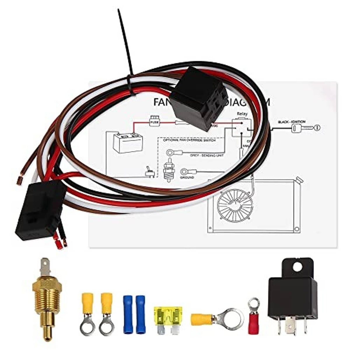 Electric fan relay wiring kit with black relay module, inline fuse holder, and connectors