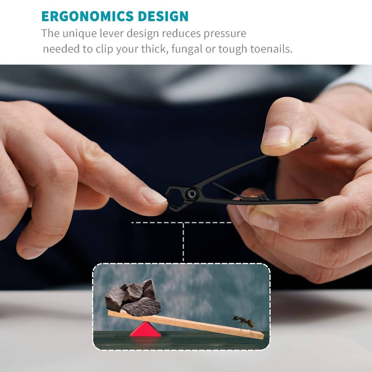 Black ergonomic nail clipper with lever grip for reduced cutting pressure