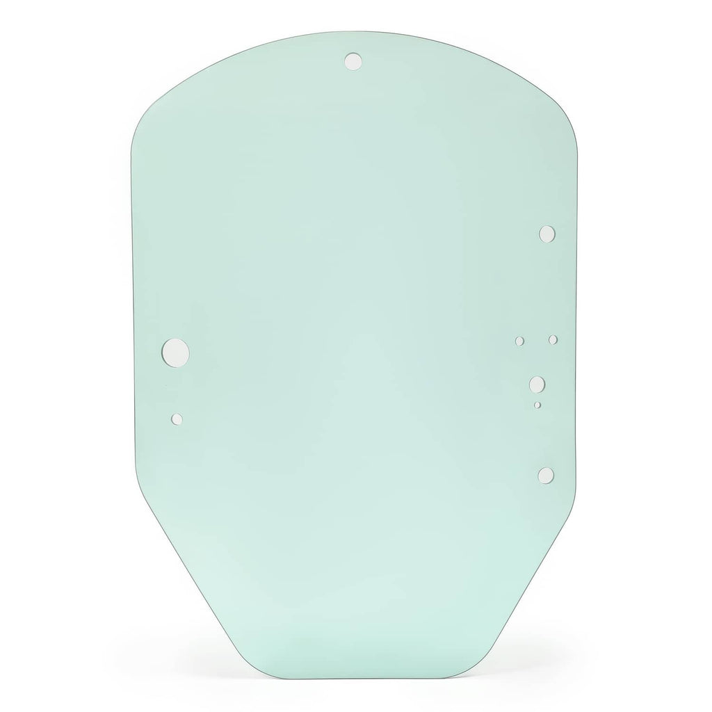 Light green cab door glass with rounded corners and circular mounting hole locations