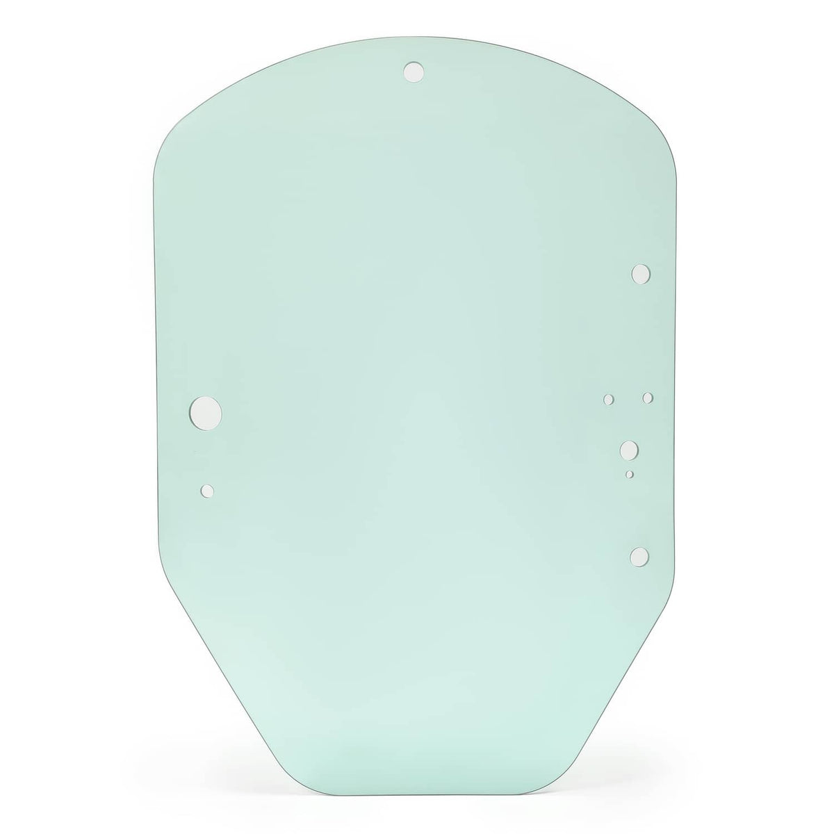 Light green cab door glass with rounded corners and circular mounting hole locations