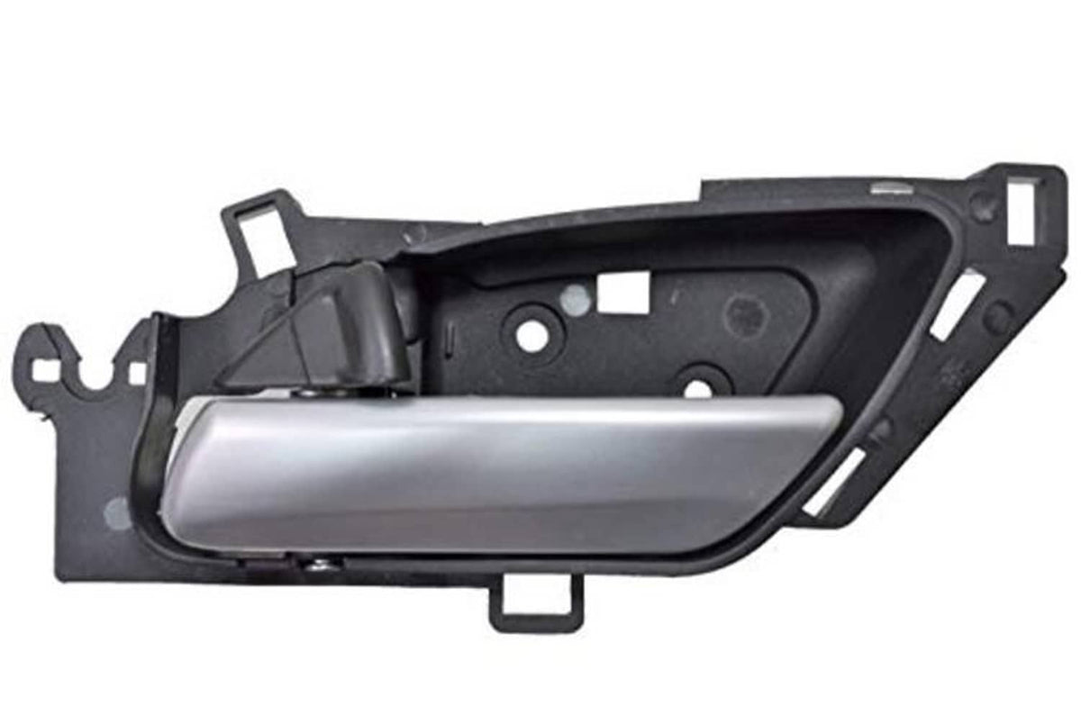 Interior door handle assembly, black housing with satin chrome pull lever.