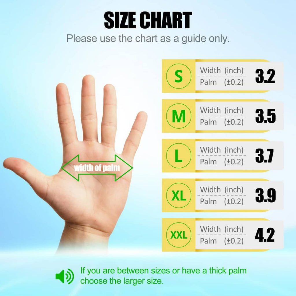 Glove sizing chart with hand palm guide and S to XXL width options