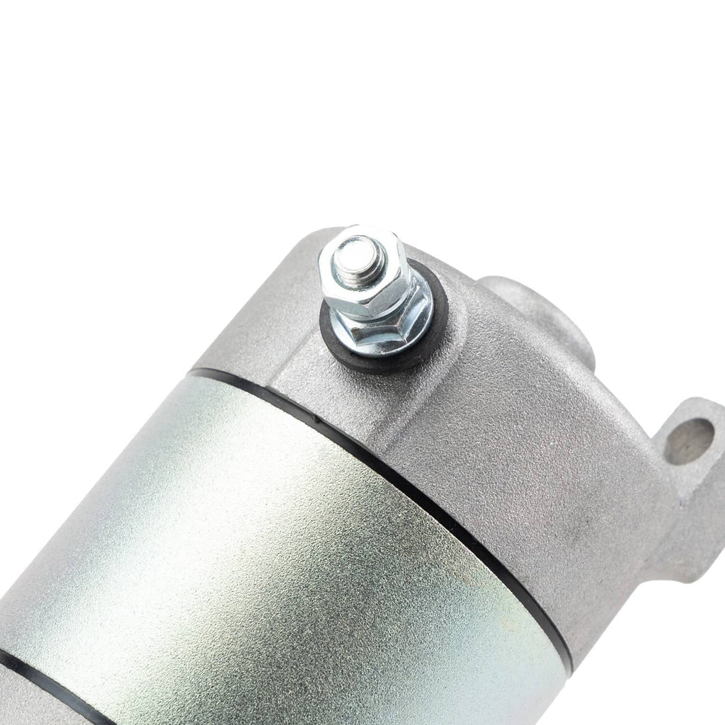 ATV starter motor assembly with silver body, black seam line, and top mounting bolt.