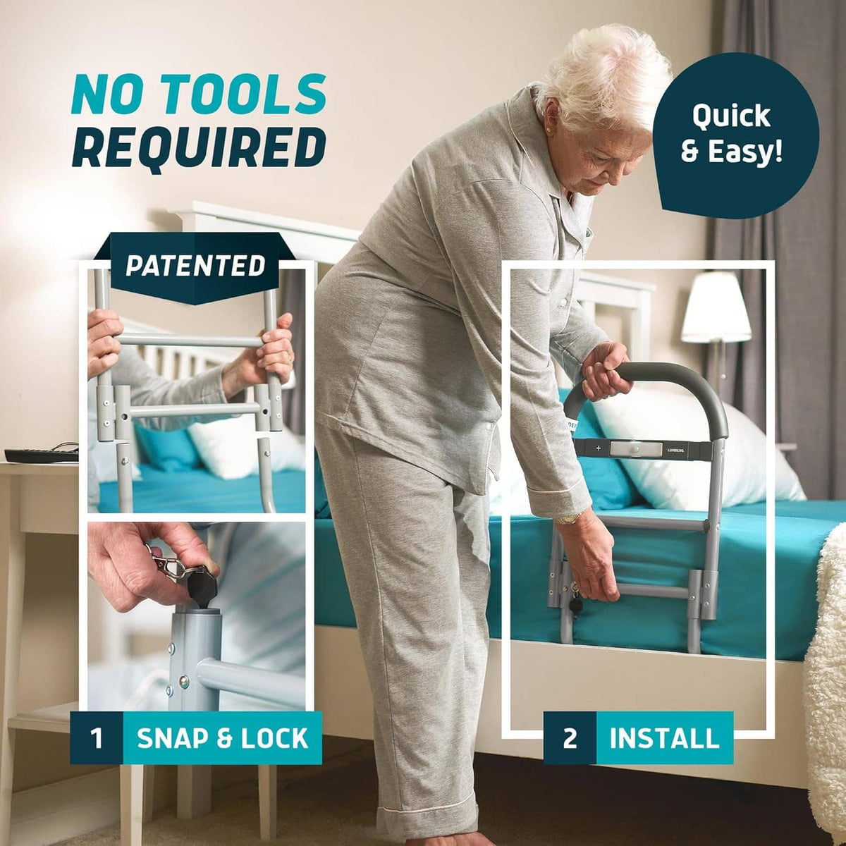 Bed assist rail with snap-lock installation and curved grab handle