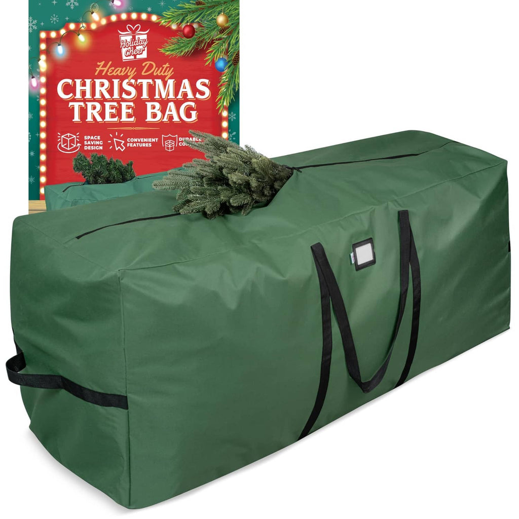 Green waterproof Christmas tree storage bag with black straps and ID patch
