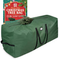 Green waterproof Christmas tree storage bag with black straps and ID patch
