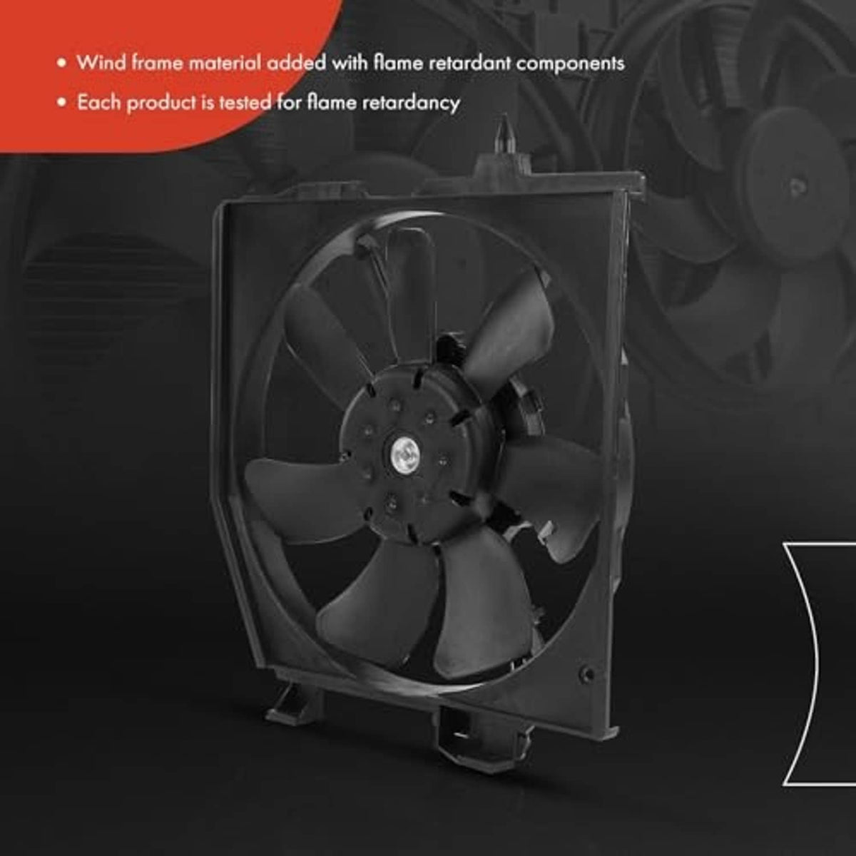 Radiator cooling fan assembly, rear view with black blades in square housing