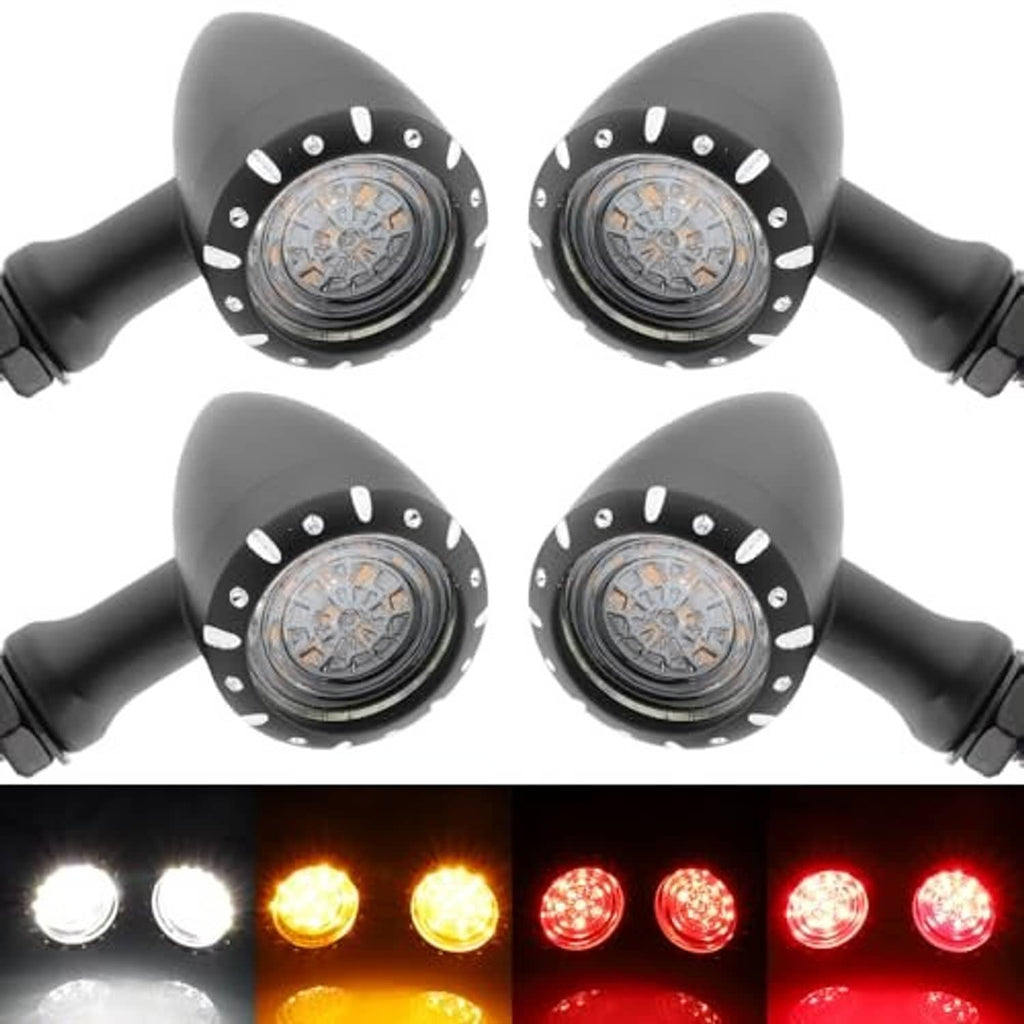 Four black motorcycle bullet LED turn signals with round lenses, front and rear view
