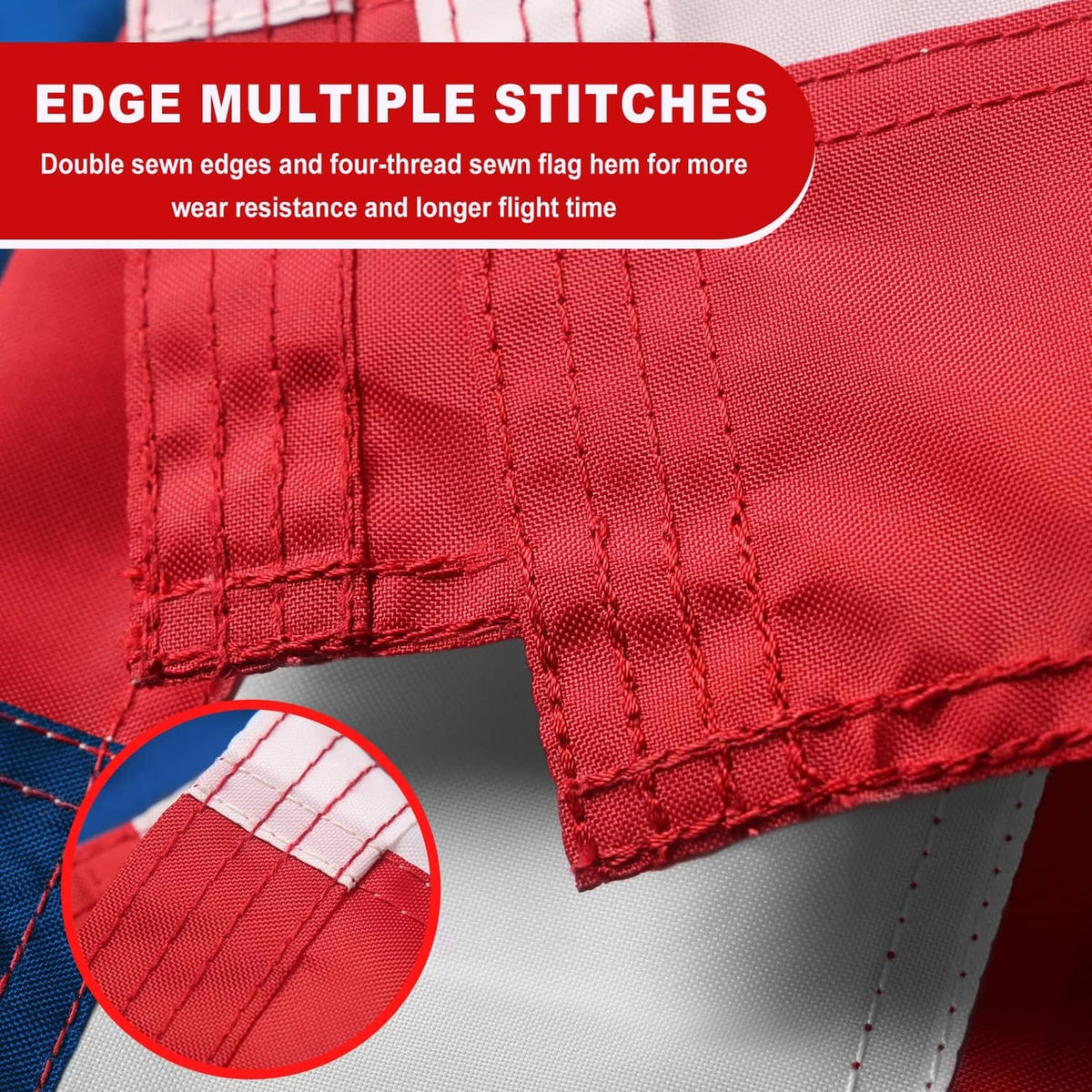 American flag hem with red fabric and visible reinforced edge stitching