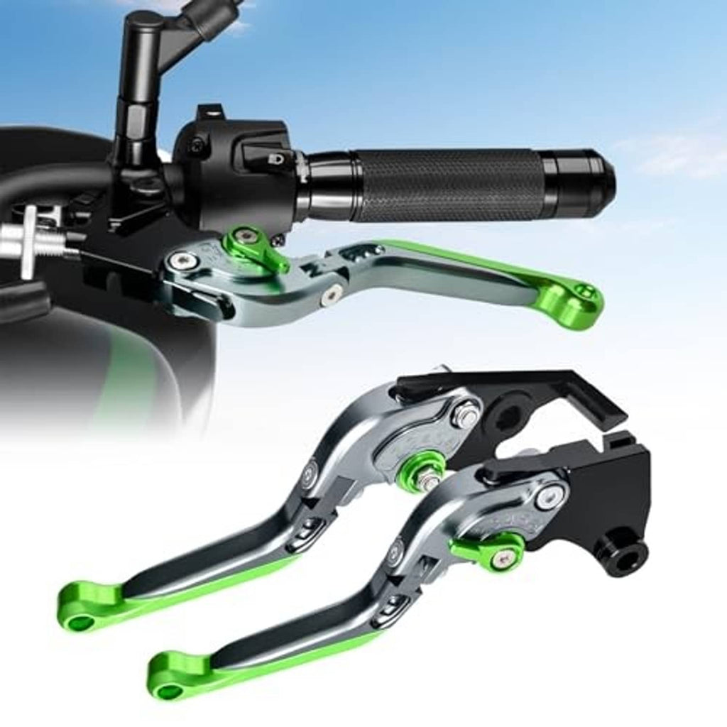 Motorcycle brake and clutch levers with green anodized finish and black adjuster mounts