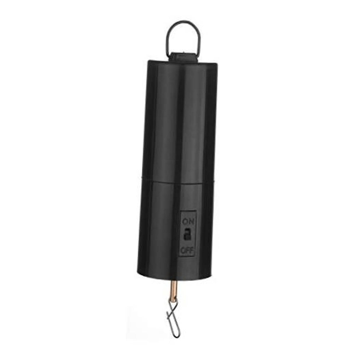 Black battery-powered hanging rotating display motor with loop handle and on/off switch