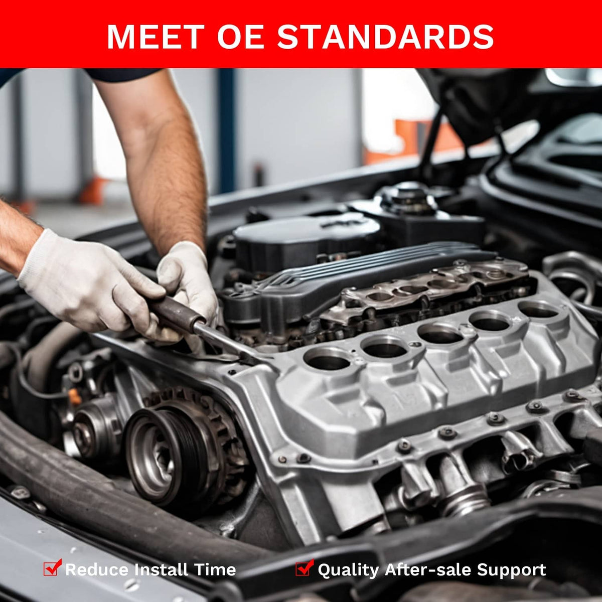 Mechanic’s hands working on an engine bay with tools near the drive system area