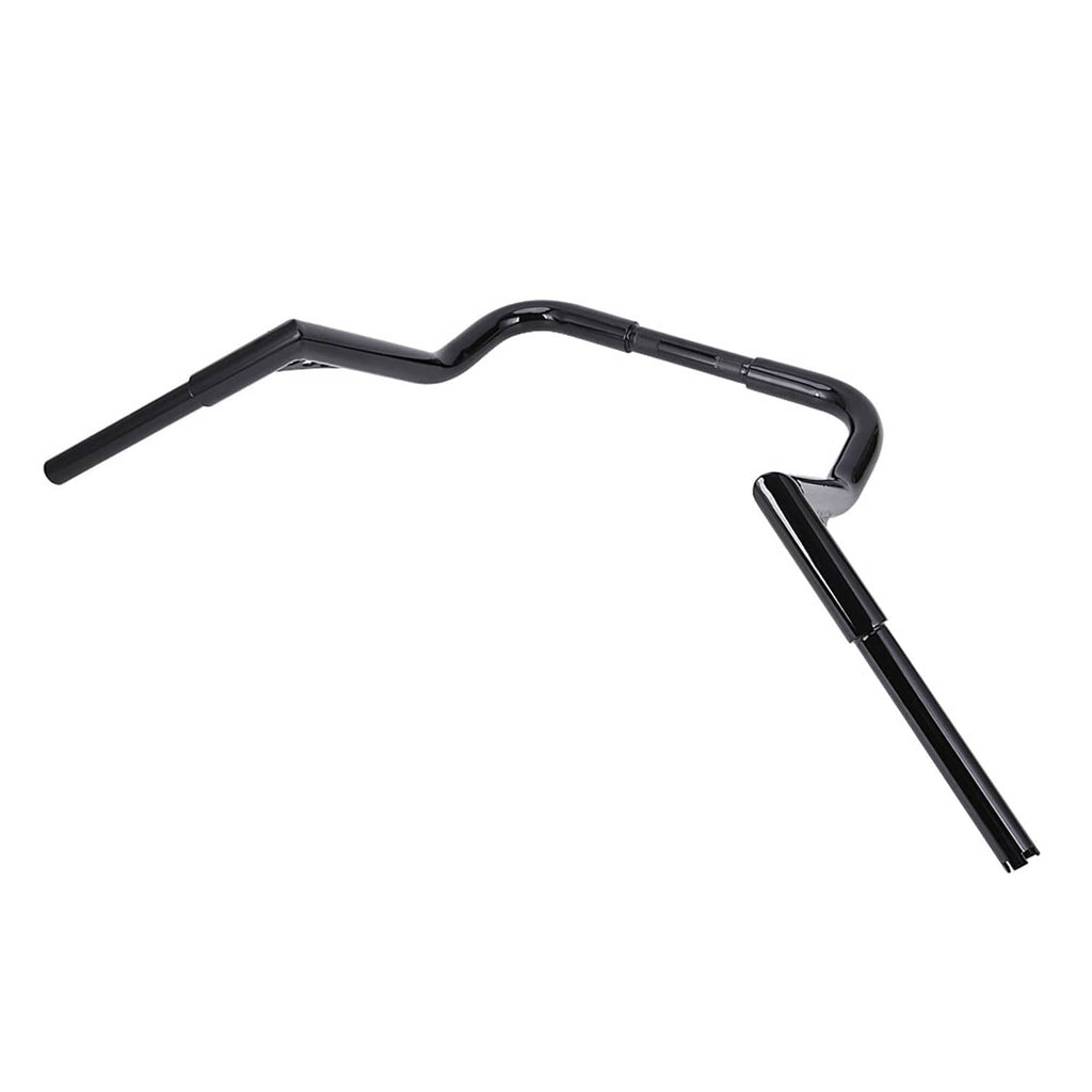 Black motorcycle handlebar with sweeping rise and angled grips, includes mounting end hardware