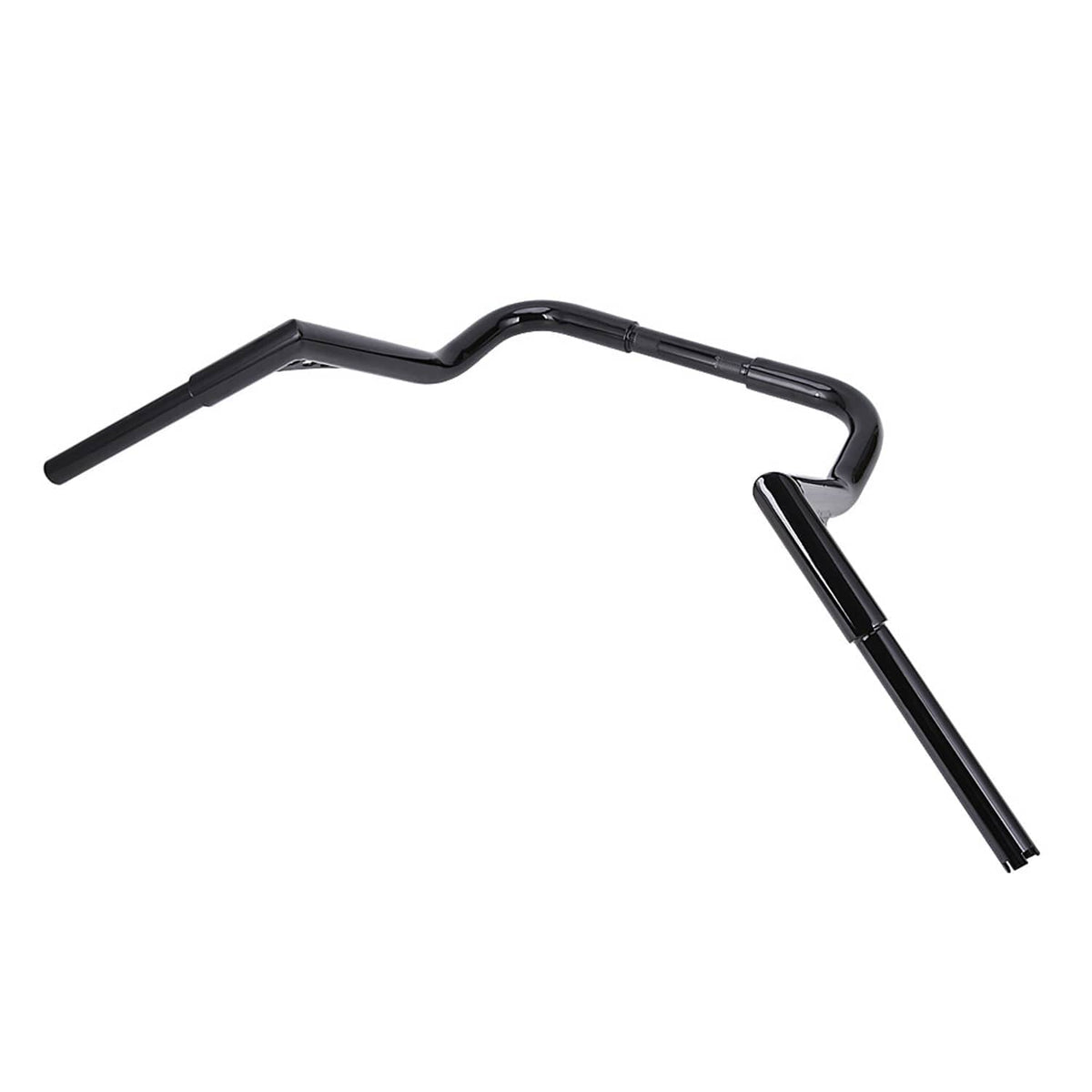 Black motorcycle handlebar with sweeping rise and angled grips, includes mounting end hardware