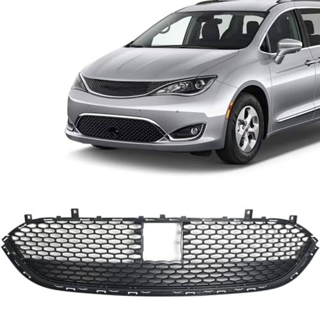 Front lower bumper grille, black hex honeycomb mesh with silver center section.