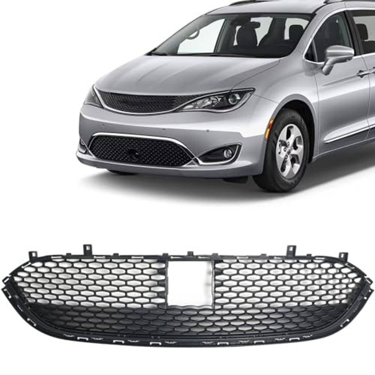 Front lower bumper grille, black hex honeycomb mesh with silver center section.
