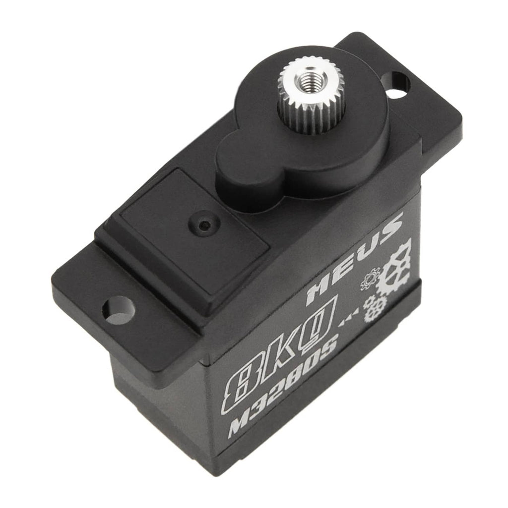 Angled black RC micro servo with metal output gear and mounting bracket holes
