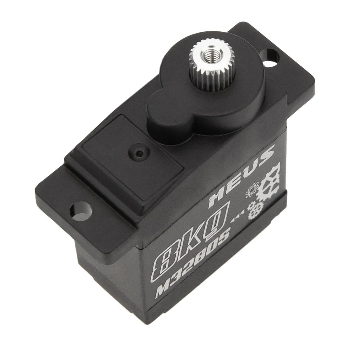 Angled black RC micro servo with metal output gear and mounting bracket holes