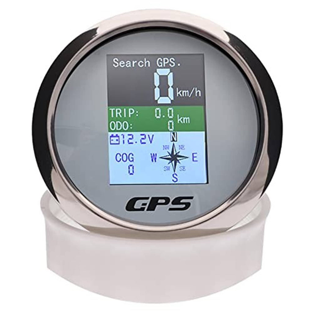 GPS speedometer gauge in white housing; LCD reads "Search GPS" with TRIP 0.0 km