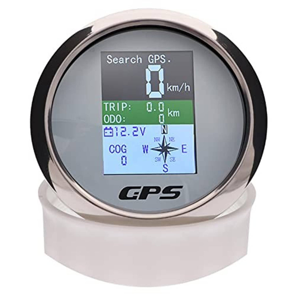 GPS speedometer gauge in white housing; LCD reads "Search GPS" with TRIP 0.0 km