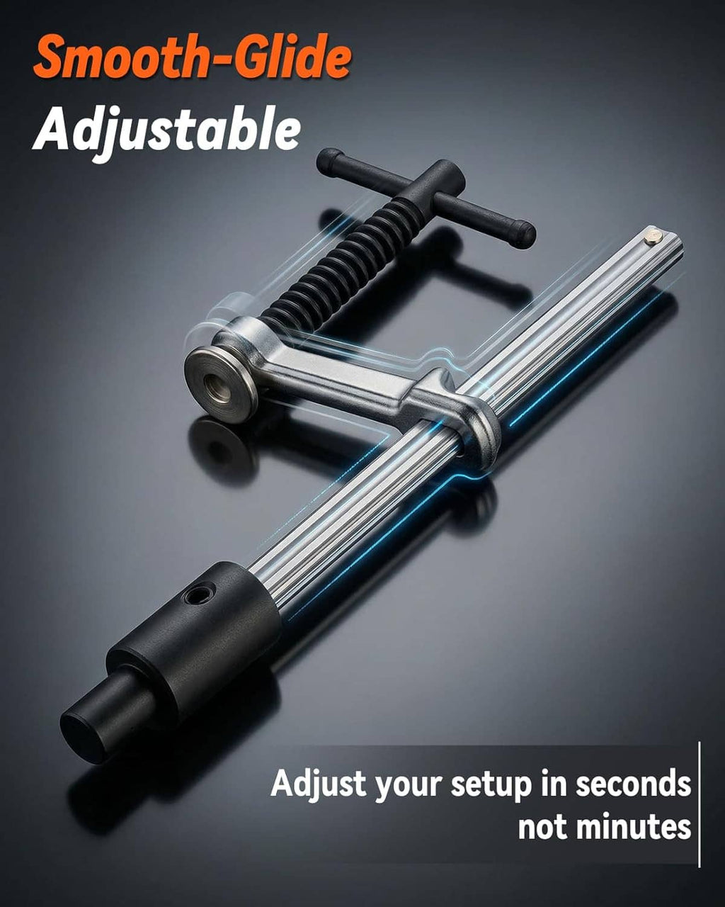 Adjustable welding table clamp with smooth-glide rails, silver frame and black threaded rod