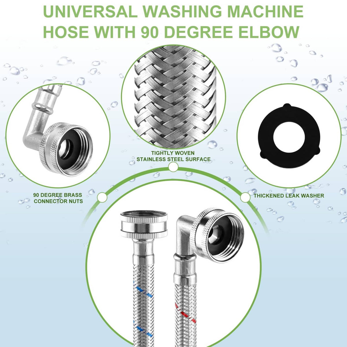 Universal washing machine hoses with 90-degree elbows, threaded nuts, and leak-washer gaskets