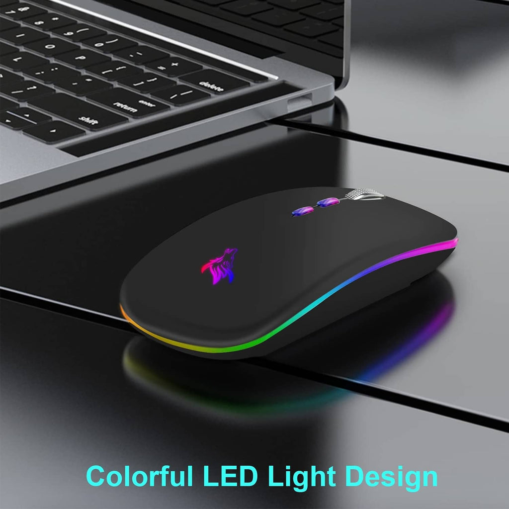 Black wireless mouse with RGB light ring accent and small dragon graphic on top