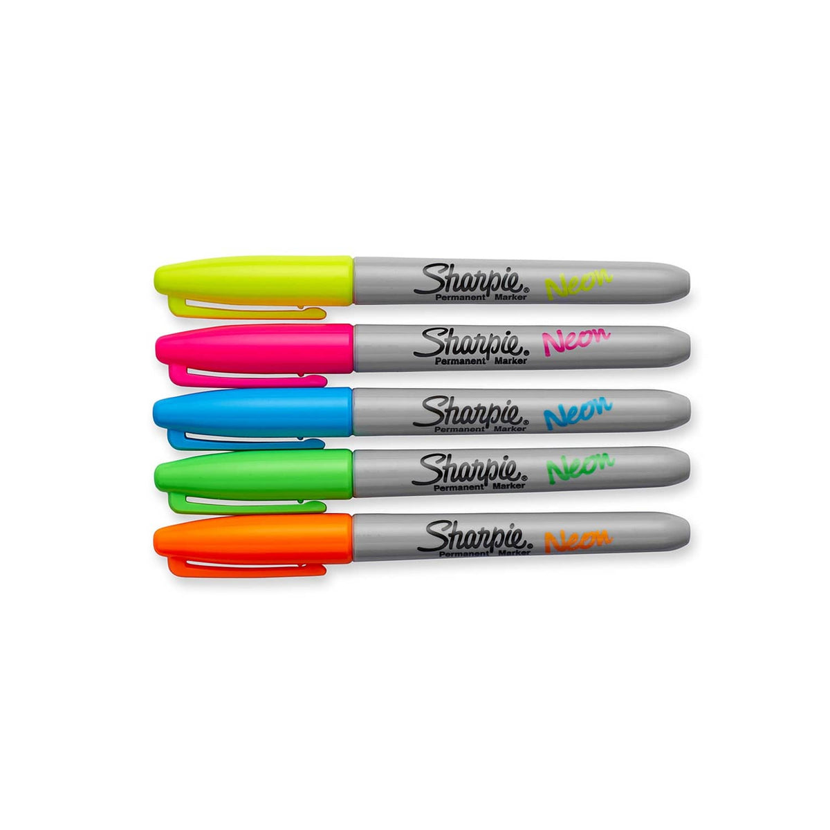Five neon permanent fine point markers in orange, blue, green, yellow, pink