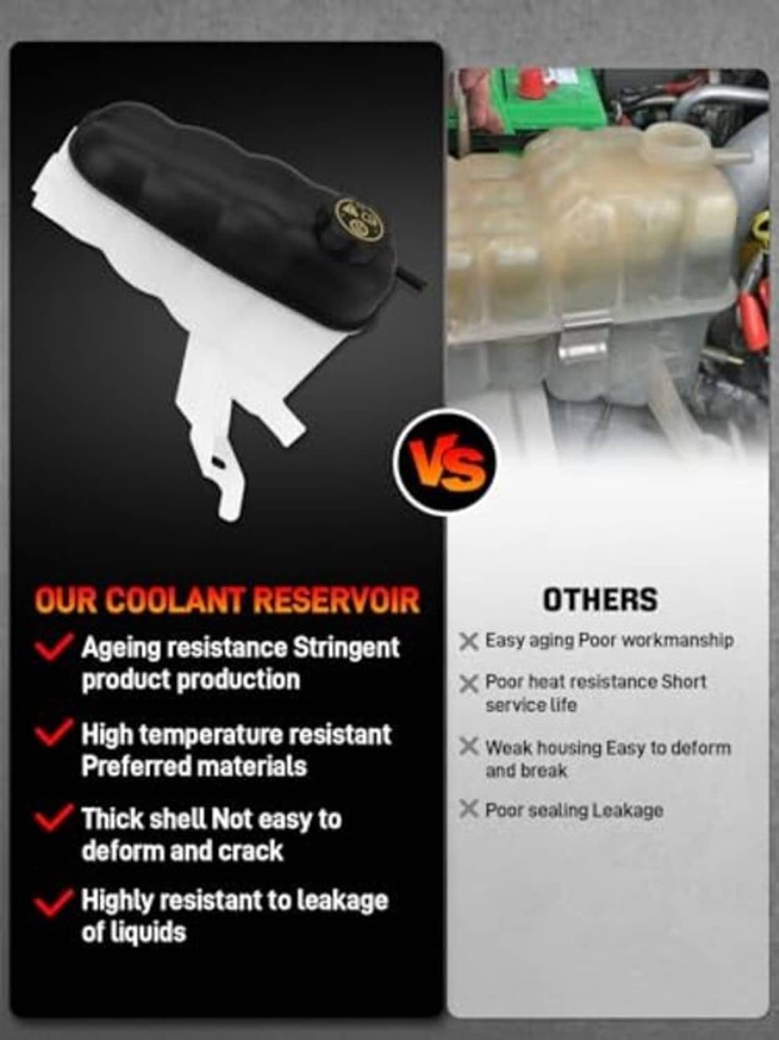Black coolant expansion reservoir tank with cap, front-left view