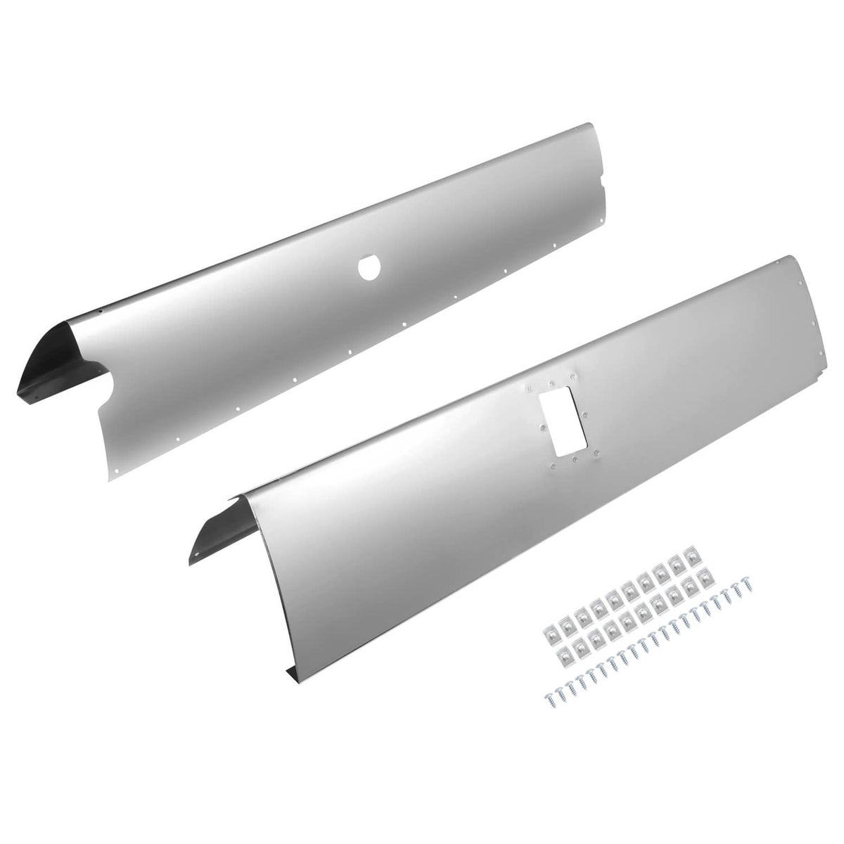 Silvery aluminum landing gear fairing panels set, LH and RH with mounting holes